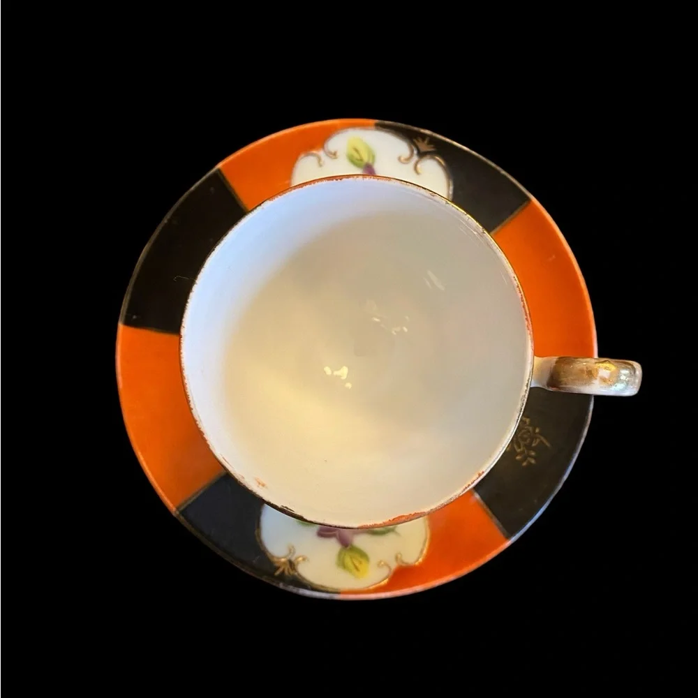 UCAGCO Vintage Footed Demitasse Cup Saucer Set Hand Painted Japan Orange Black